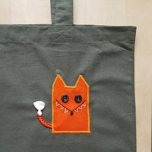 Hosszúfülű olajzöld szatyor narancsvörös rókával - táska & tok - bevásárlás & shopper táska - shopper, textiltáska, szatyor - Meska.hu