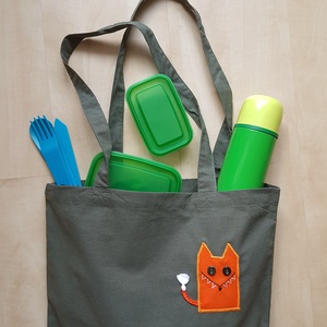 Hosszúfülű olajzöld szatyor narancsvörös rókával - táska & tok - bevásárlás & shopper táska - shopper, textiltáska, szatyor - Meska.hu
