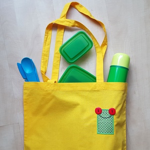 Hosszúfülű sárga szatyor pirosszemű zöld brekivel - táska & tok - bevásárlás & shopper táska - shopper, textiltáska, szatyor - Meska.hu