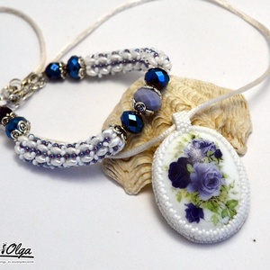 Kék rózsa pocelánon szett, Ékszer, Ékszerszett, Gyöngyfűzés, gyöngyhímzés, MESKA