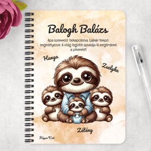 Személyre szabható - Cuki lajhár Apa és három kis lajhár mintás A5-ös füzet - otthon & életmód - papír, írószer - jegyzetfüzet & napló - Meska.hu
