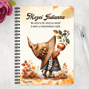 Személyre szabható - Őszi manó lány és az alma mintás A5-ös füzet - otthon & életmód - papír, írószer - jegyzetfüzet & napló - Meska.hu