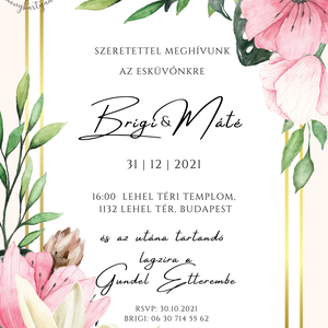 Virágos arany keretes esküvői meghívó, geometrikus dupla téglalap elegáns, watercolor virágos esküvői lap, floral  - esküvő - meghívó & kártya - meghívó - Meska.hu