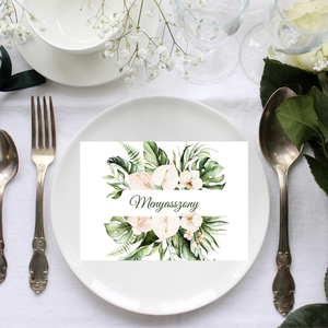 Trópusi virágos, dzsungel témájú elegáns greenery esküvői meghívó arany cseppekkel díszítve, modern ültetőkártya,  - esküvő - meghívó & kártya - meghívó - Meska.hu
