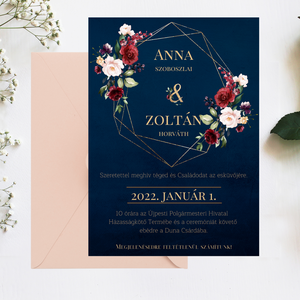 Geometrikus arany keretes navy blue színű esküvői meghívó prémium borítékkal, modern, elegáns rózsás virágos esküvői lap, Esküvő, Meghívó & Kártya, Meghívó, Fotó, grafika, rajz, illusztráció, Meska