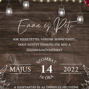 Őszi navy blue rusztikus esküvői meghívó burgundy virágokkal, modern, elegáns rózsás, fényfüzér, természetközeli - esküvő - meghívó & kártya - meghívó - Meska.hu