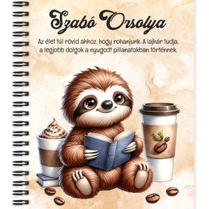 Személyre szabható - Kávés lajhár és egy jó regény mintás A5-ös füzet, Otthon & Életmód, Papír, írószer, Jegyzetfüzet & Napló, , MESKA