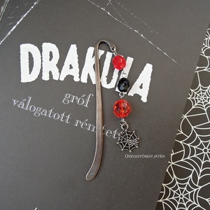 Könyvjelző rémtörténetekhez  -  piros fekete narancssárga üveggyöngy, pók, pókháló - halloweeni ékszerek - halloweeni ékszerek - Meska.hu