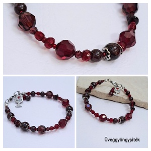 Borvörös karkötő gránát ásvánnyal, Swarovski kristályokkal  - ékszer - karkötő - gyöngyös karkötő - Meska.hu