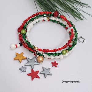 Karácsonyi káosz  - memóriadrótos karkötő zöld, piros, fehér színekben, ünnepi karkötő, kásagyöngyös karkötő - Meska.hu