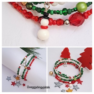 Karácsonyi káosz  - memóriadrótos karkötő zöld, piros, fehér színekben, ünnepi karkötő, kásagyöngyös karkötő - ékszer - karkötő - memóriadrótos karkötő - Meska.hu