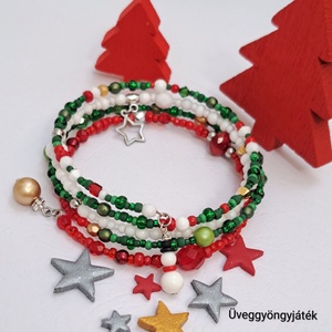 Karácsonyi káosz  - memóriadrótos karkötő zöld, piros, fehér színekben, ünnepi karkötő, kásagyöngyös karkötő - ékszer - karkötő - memóriadrótos karkötő - Meska.hu