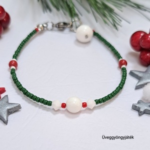 Vékony karkötő, Swarovski kristályokkal, kagylóhéj gyöngyökkel, karácsonyi színekben  - Meska.hu