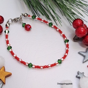 Vékony karkötő karácsonyi színekben, Swarovski kristályokkal, karácsonyi cukorka karácsonyi cukorka  - Meska.hu