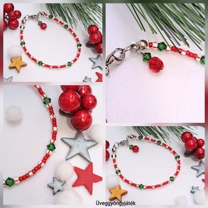 Vékony karkötő karácsonyi színekben, Swarovski kristályokkal, karácsonyi cukorka karácsonyi cukorka  - ékszer - karkötő - gyöngyös karkötő - Meska.hu