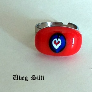Piros szívecskés fehér piros kék gyűrű üvegékszer szülinapra, valentin napra, Ékszer, Gyűrű, Figurális gyűrű, Üvegművészet, Ékszerkészítés, MESKA
