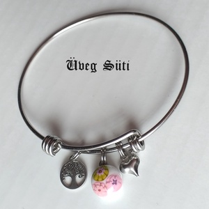 NEMESACÉL Tavasz   rózsaszin zöld  virágos karkötő szvecskés életfa medálokkal  üvegékszer  ajándékba, personalised,  - ékszer - karkötő - charm karkötő - Meska.hu