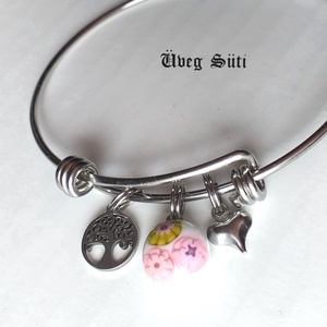 NEMESACÉL Tavasz   rózsaszin zöld  virágos karkötő szvecskés életfa medálokkal  üvegékszer  ajándékba, personalised,  - ékszer - karkötő - charm karkötő - Meska.hu