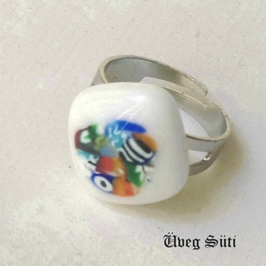 Fehér festmény gyűrű üvegékszer, muránói üveg, ajándék szülinapra - ékszer - gyűrű - figurális gyűrű - Meska.hu