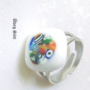 Fehér festmény gyűrű üvegékszer, muránói üveg, ajándék szülinapra - ékszer - gyűrű - figurális gyűrű - Meska.hu