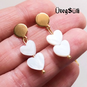 NEMESACÉL  LUXY GOLD SHELL lógós arany színű nemesacél fülbevaló szívekkel ajándék nőknek valentín napra - ékszer - fülbevaló - lógós kerek fülbevaló - Meska.hu