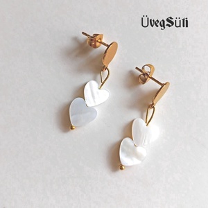 NEMESACÉL  LUXY GOLD SHELL lógós arany színű nemesacél fülbevaló szívekkel ajándék nőknek valentín napra, Ékszer, Fülbevaló, Lógós kerek fülbevaló, Ékszerkészítés, Üvegművészet, MESKA