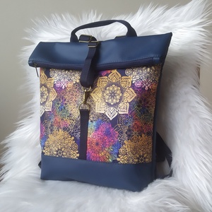 Kék műbőr rolltop hátizsák elején mandala mintával, Táska & Tok, Hátizsák, Roll top hátizsák, Varrás, MESKA