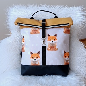 Fekete-okker műbőr rolltop hátizsák elején róka mintával, Táska & Tok, Hátizsák, Roll top hátizsák, Varrás, MESKA