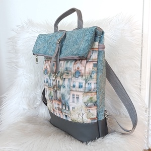 Rolltop hátizsák elején város mintával  - táska & tok - hátizsák - roll top hátizsák - Meska.hu