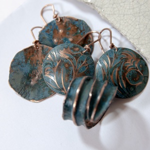 patina - vörösréz szett - ékszer - gyűrű - fonódó gyűrű - Meska.hu