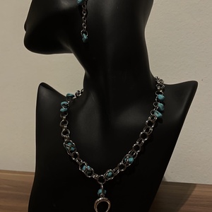 Türkiz köves rozsdamentes acél nyaklánc és fülbevaló szett � állítható, kézzel készült, Ékszer, Ékszerszett, Ékszerkészítés, MESKA