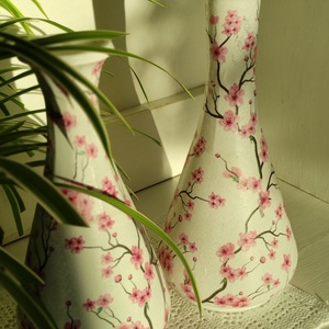 Üvegváza párban cseresznyevirágokkal , Otthon & Életmód, Dekoráció, Asztal és polc dekoráció, Díszüveg, Decoupage, transzfer és szalvétatechnika, MESKA