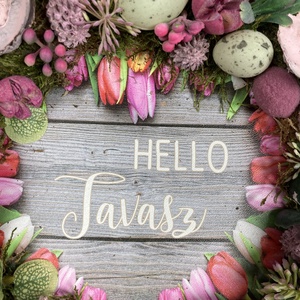 Mohaágyon fekvő fakorongos Hello Tavasz feliratú tavaszi terméskopogtató  - otthon & életmód - dekoráció - ajtó- és ablak dekoráció - ajtódísz & kopogtató - Meska.hu