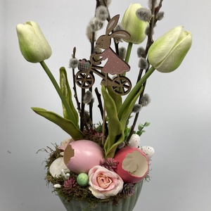 Almazöld tulipános, igazi tojásos, mohás tartós asztaldísz , Otthon & Lakás, Dekoráció, Asztal és polc dekoráció, Asztaldísz, Virágkötés, MESKA