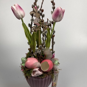 Áfonyásjoghurt színű tulipános, igazi tojásos, mohás tartós asztaldísz , Otthon & Lakás, Dekoráció, Asztal és polc dekoráció, Asztaldísz, Virágkötés, MESKA