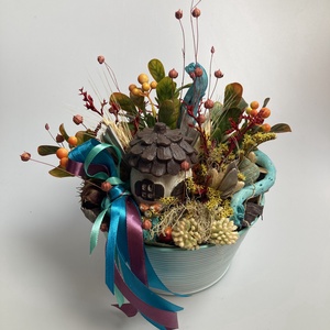 Meseföldjén - színpompás, tartós asztaldísz türkiz virágtálban, buja díszítéssel  - otthon & életmód - dekoráció - asztal és polc dekoráció - asztaldísz - Meska.hu