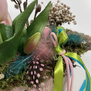 Páva vibe cirmos tulipánnal -  mohaágyon nyugvó, tartós virágdísz fürjtojásokkal, gazdagon díszítve (S-11) - otthon & életmód - dekoráció - virágdísz és tartó - csokor & virágdísz - Meska.hu