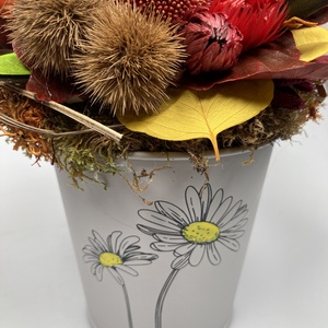 Almafácskás, tökös tartós dísz világosszürke margarétás fémkaspóban   - otthon & életmód - dekoráció - asztal és polc dekoráció - asztaldísz - Meska.hu