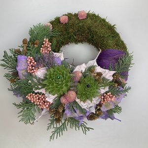 Fegyelem - 2 kövirózsás, festett növényi rosttal részben bevont, gazdagon díszített mohakoszorú (KK-17), Otthon & Életmód, Vallás, Temetkezési tárgy, Sírkoszorú, kegyeleti koszorú, Virágkötés, MESKA