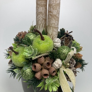 Deres zöldalmás, bézs, márványgyertyás, étcsoki színű bögrére épült, gazdagon díszített tartós adventi asztaldísz (XM8) - Meska.hu