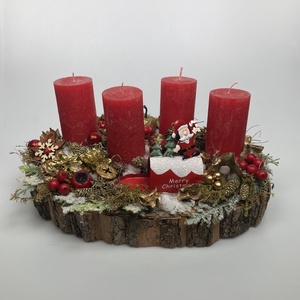 Merry Christmas feliratú postaládával ékített, piros  gyertyás, adventi asztaldísz gazdagon díszítve (AW10) - Meska.hu