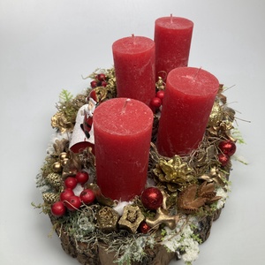 Merry Christmas feliratú postaládával ékített, piros  gyertyás, adventi asztaldísz gazdagon díszítve (AW10) - karácsony - adventi díszek - adventi asztaldísz - Meska.hu