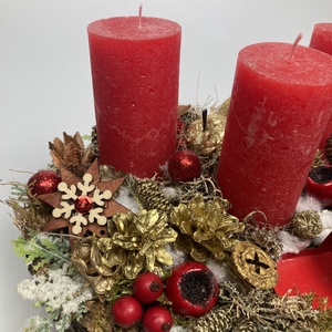 Merry Christmas feliratú postaládával ékített, piros  gyertyás, adventi asztaldísz gazdagon díszítve (AW10) - karácsony - adventi díszek - adventi asztaldísz - Meska.hu