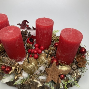 Merry Christmas feliratú postaládával ékített, piros  gyertyás, adventi asztaldísz gazdagon díszítve (AW10) - karácsony - adventi díszek - adventi asztaldísz - Meska.hu