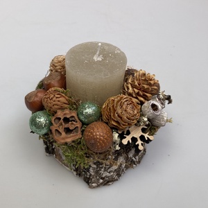 Fakorongra épült adventi minidísz gyömbérszínű tönkgyertyával, s termésekkel gazdagon díszítve (FX-12) - karácsony - adventi díszek - adventi asztaldísz - Meska.hu