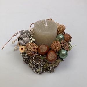 Fakorongra épült adventi minidísz gyömbérszínű tönkgyertyával, s termésekkel gazdagon díszítve (FX-12) - karácsony - adventi díszek - adventi asztaldísz - Meska.hu