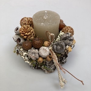 Fakorongra épült adventi minidísz gyömbérszínű tönkgyertyával, s termésekkel gazdagon díszítve (FX-12) - karácsony - adventi díszek - adventi asztaldísz - Meska.hu