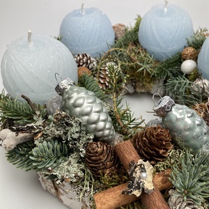 Vízkék, fonalgombolyag mintájú gyertyákkal ékeskedő, faborítású, lyukas koszorúalapon nyugvó adventi asztaldísz (AW20) - karácsony - adventi díszek - adventi asztaldísz - Meska.hu