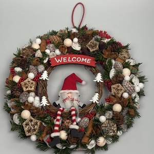 Hintázó copfos manólány üdvözlete - gazdagon díszített karácsonyi terméskopogtató (XW-06) - Meska.hu