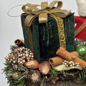 Ajándék fogat -  fémtalpas faszán ünnepi asztaldísz termésekkel és kellékekkel gazdagon díszítve - karácsony - adventi díszek - adventi asztaldísz - Meska.hu